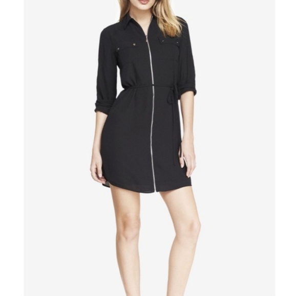 Express Black & White Classic Shirt Dress Long Sleeve Zip Front Tie Waist Small - Picture 8 of 15